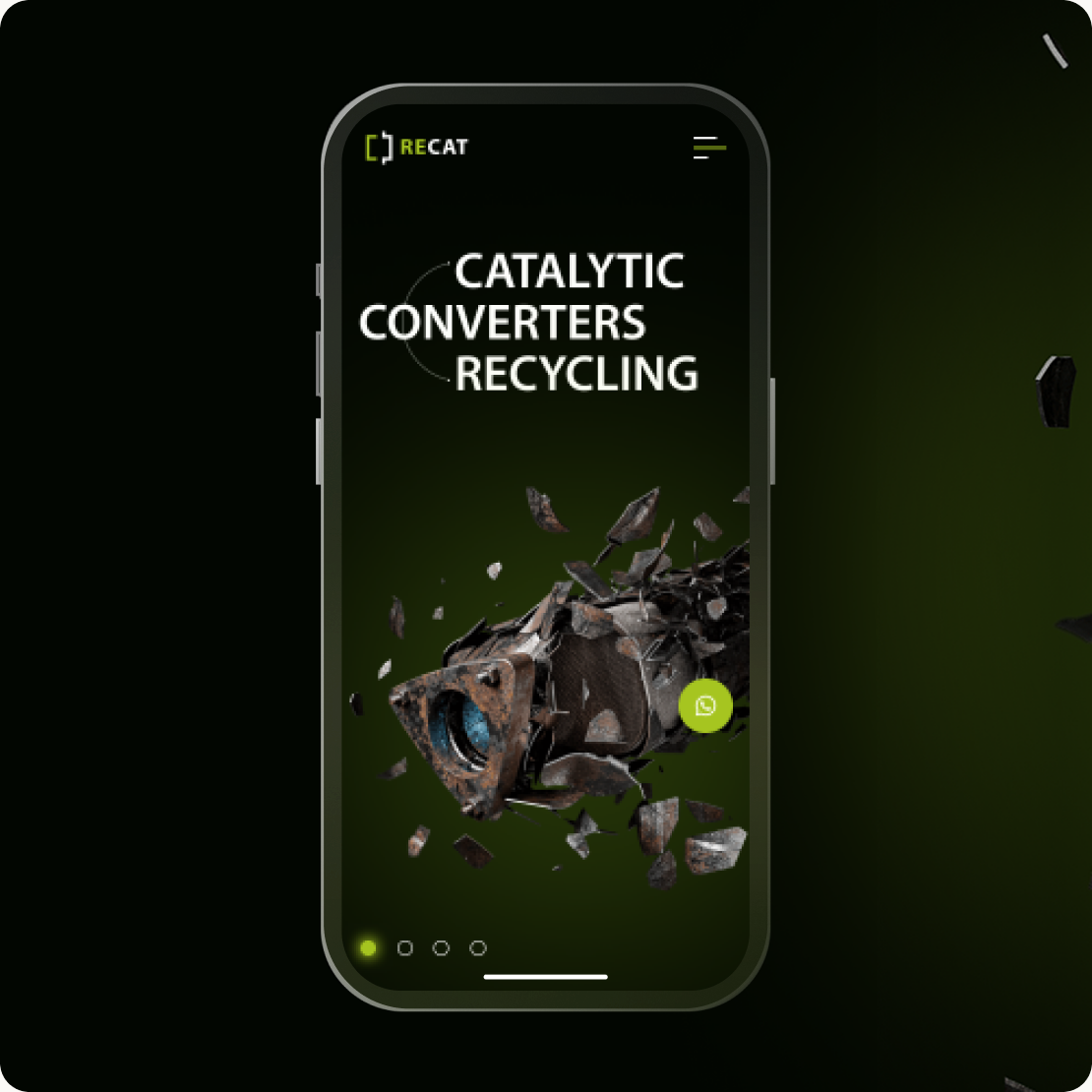 RECAT homepage hero shown on a phone mockup against a shattered catalytic converter background